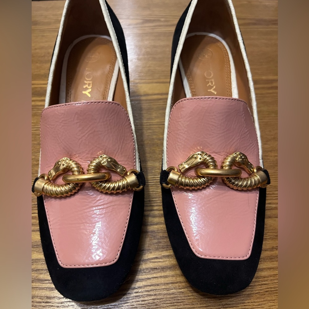 Tory Burch Pink and Black Loafers with Gold adornment